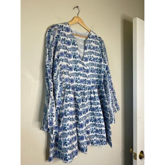 NEW Alix of Bohemia Silvie Iris Ivy Flared Sleeve Cotton Mini Dress Blue Size: M - Picture 3 of 7